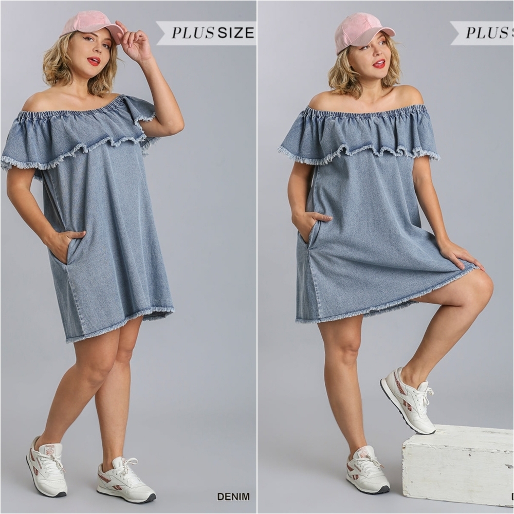 Off Shoulder Ruffled Denim Dress - Picture 3 of 10
